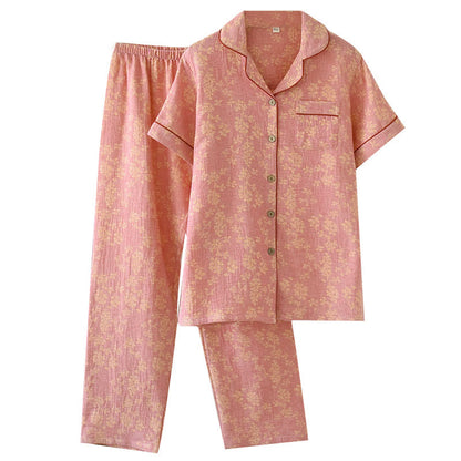 Pigiama con revers in jacquard tinto in filo di cotone floreale