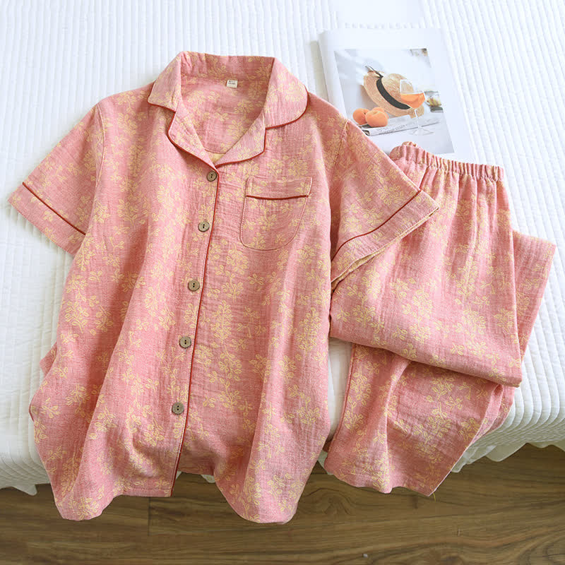 Pigiama con revers in jacquard tinto in filo di cotone floreale