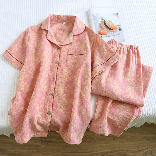 Pigiama con revers in jacquard tinto in filo di cotone floreale