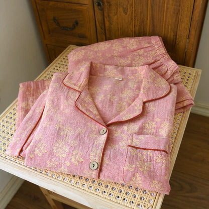 Pigiama con revers in jacquard tinto in filo di cotone floreale