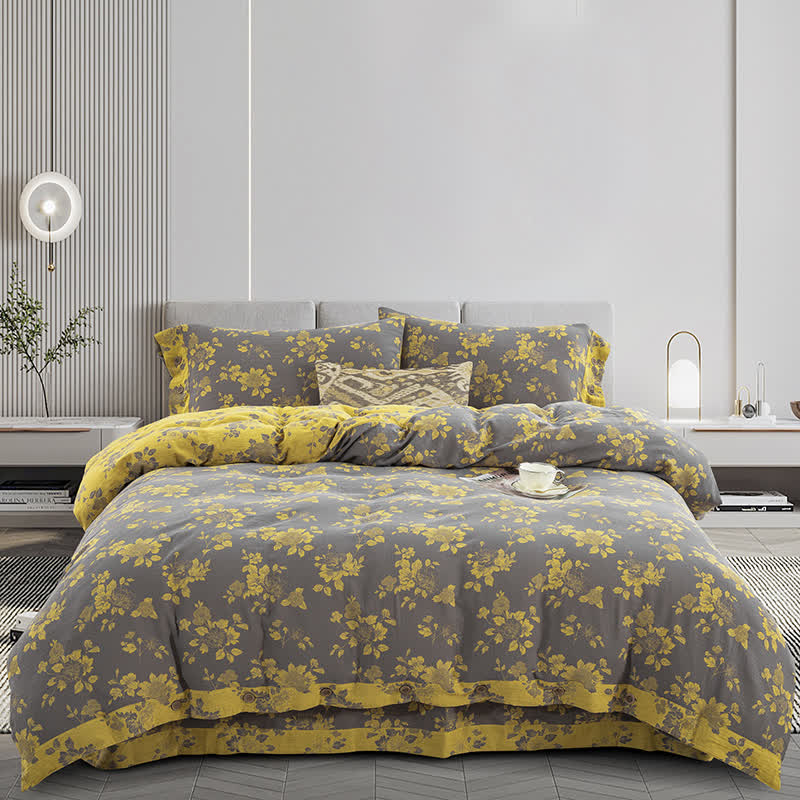 Set di biancheria da letto in jacquard di garza di cotone floreale rustico (4 pezzi)