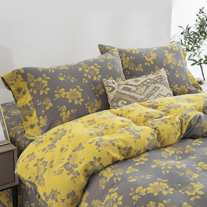 Set di biancheria da letto in jacquard di garza di cotone floreale rustico (4 pezzi)