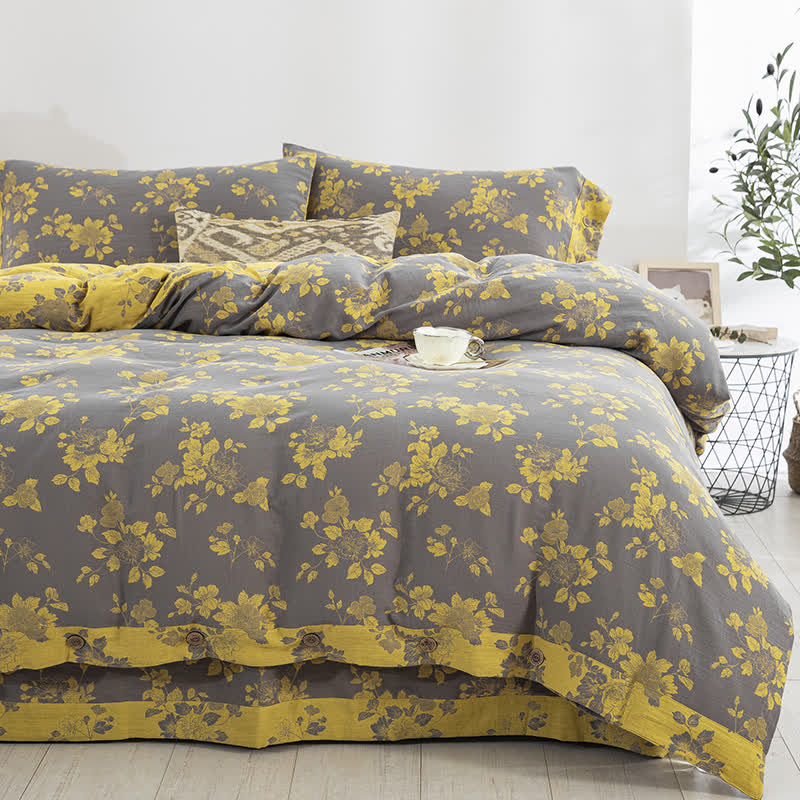 Set di biancheria da letto in jacquard di garza di cotone floreale rustico (4 pezzi)