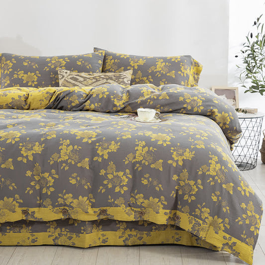 Set di biancheria da letto in jacquard di garza di cotone floreale rustico (4 pezzi)