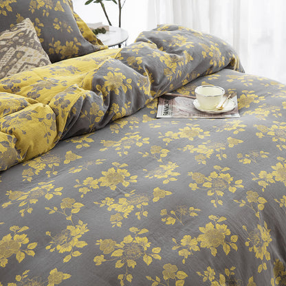 Set di biancheria da letto in jacquard di garza di cotone floreale rustico (4 pezzi)