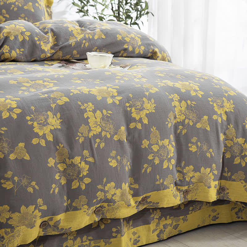 Set di biancheria da letto in jacquard di garza di cotone floreale rustico (4 pezzi)