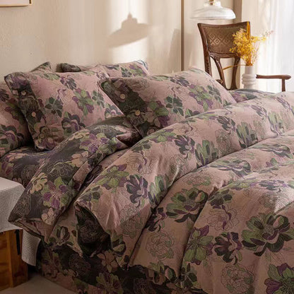 Set di biancheria da letto reversibile in garza di cotone jacquard floreale (4 pezzi)