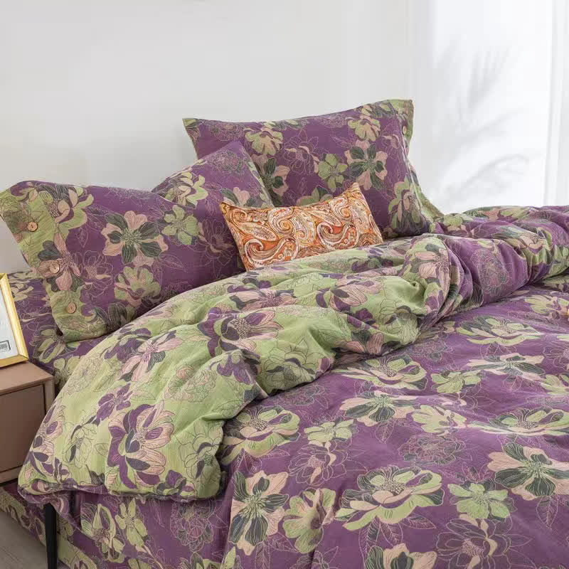 Set di biancheria da letto reversibile in garza di cotone jacquard floreale (4 pezzi)
