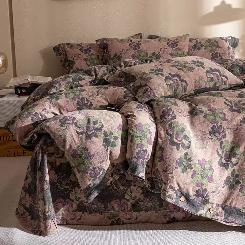 Set di biancheria da letto reversibile in garza di cotone jacquard floreale (4 pezzi)