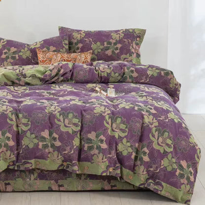 Set di biancheria da letto reversibile in garza di cotone jacquard floreale (4 pezzi)