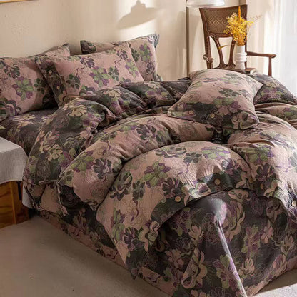 Set di biancheria da letto reversibile in garza di cotone jacquard floreale (4 pezzi)