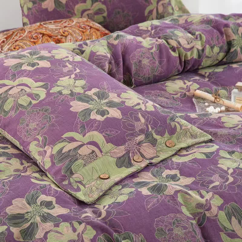 Set di biancheria da letto reversibile in garza di cotone jacquard floreale (4 pezzi)