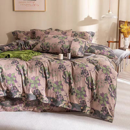 Set di biancheria da letto reversibile in garza di cotone jacquard floreale (4 pezzi)