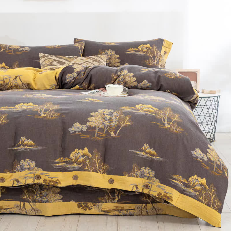 Set di biancheria da letto in garza di cotone jacquard con stampa paesaggio (4 pezzi)