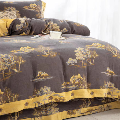 Set di biancheria da letto in garza di cotone jacquard con stampa paesaggio (4 pezzi)