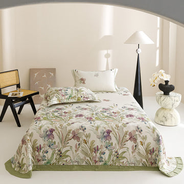 Copriletto in fibra naturale con stampa di orchidee - Verde - 2 federe - 48cm x 74cm - image 0