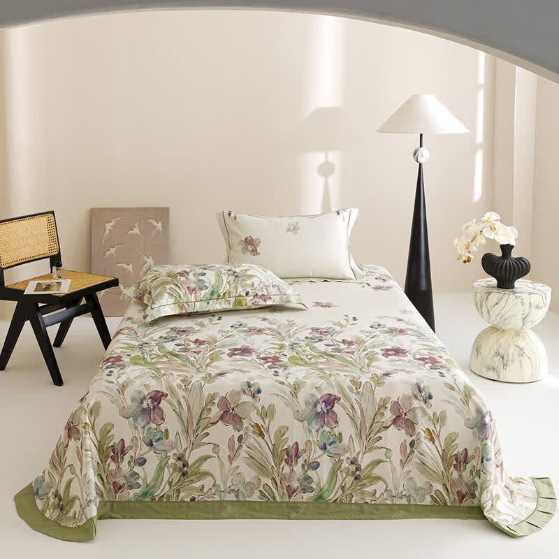Copriletto in fibra naturale con stampa di orchidee - Verde - 2 federe - 48cm x 74cm - image 0
