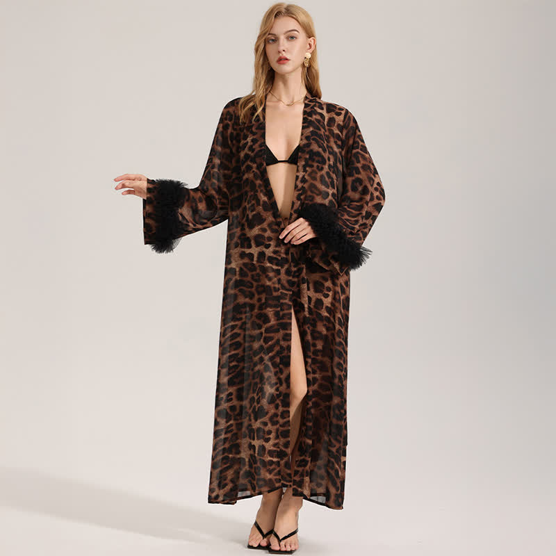 Accappatoio kimono a maniche lunghe con stampa leopardata