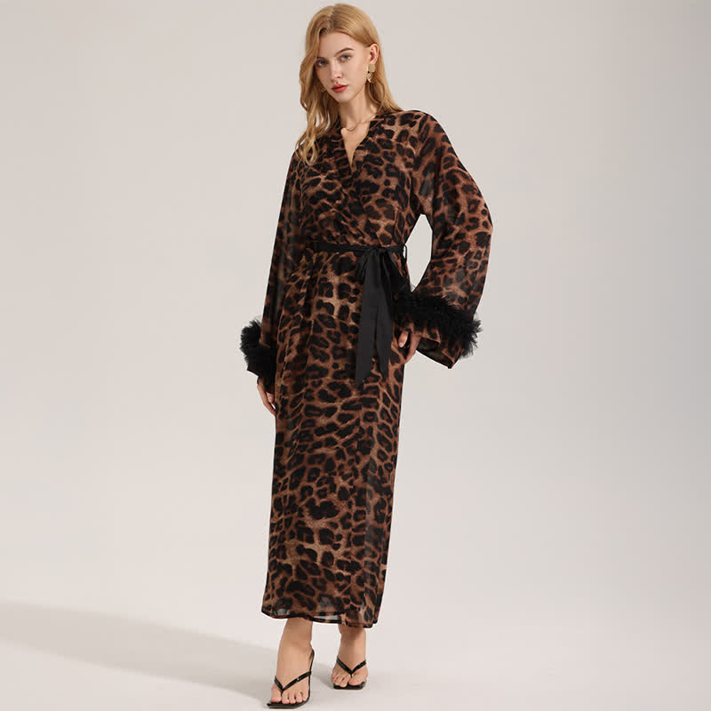 Accappatoio kimono a maniche lunghe con stampa leopardata