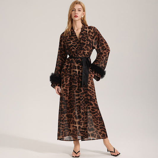 Accappatoio kimono a maniche lunghe con stampa leopardata