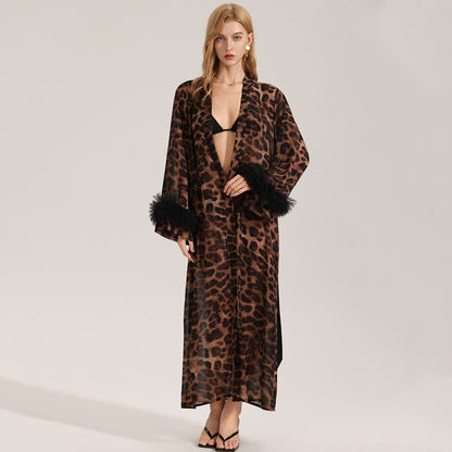 Accappatoio kimono a maniche lunghe con stampa leopardata