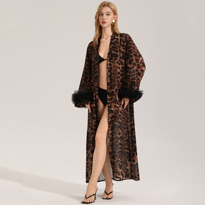 Accappatoio kimono a maniche lunghe con stampa leopardata
