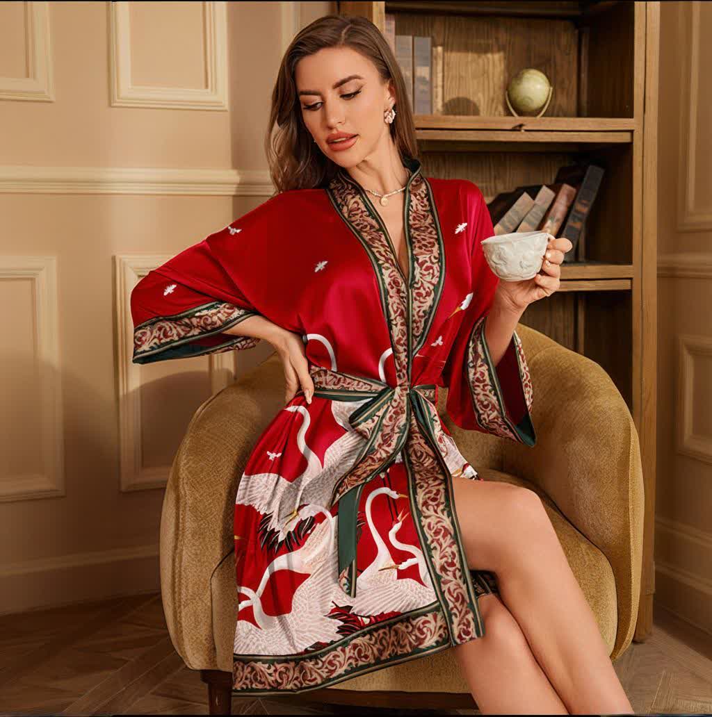 Accappatoio Kimono corto con stampa gru