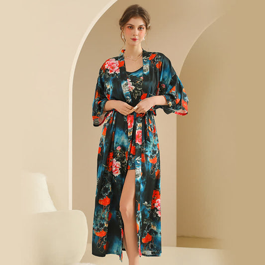 Lussuoso set accappatoio kimono peonia
