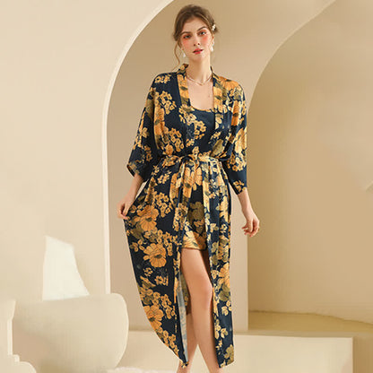 Set accappatoio kimono floreale giallo