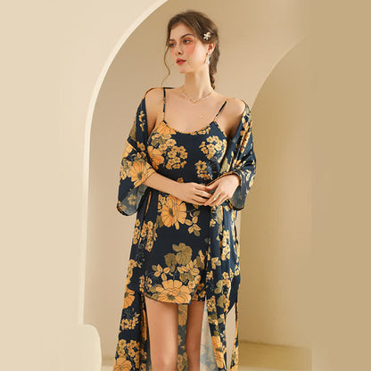 Set accappatoio kimono floreale giallo