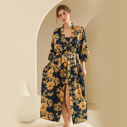 Set accappatoio kimono floreale giallo