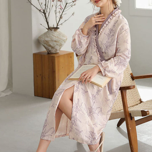 Kimono con volant floreali viola