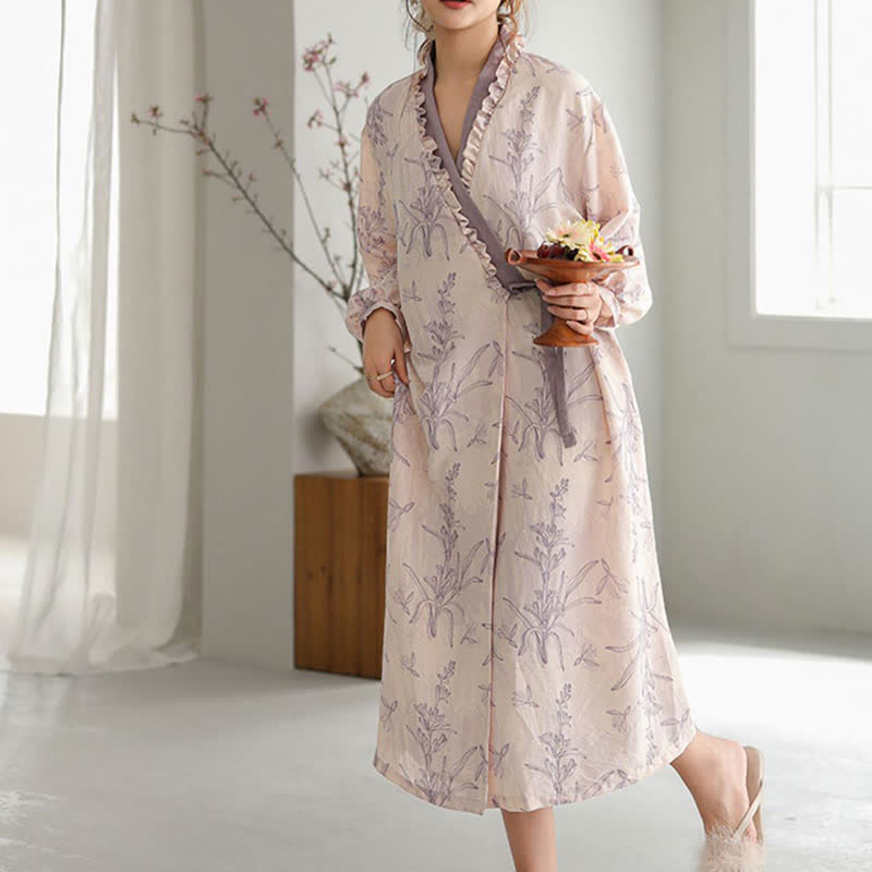 Kimono con volant floreali viola