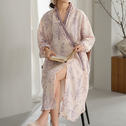 Kimono con volant floreali viola