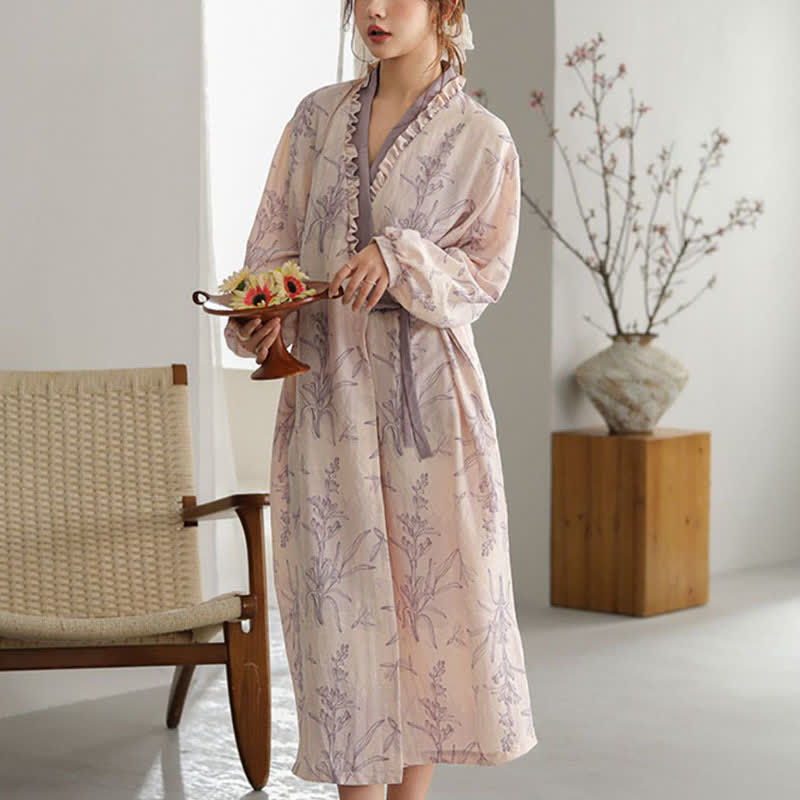 Kimono con volant floreali viola