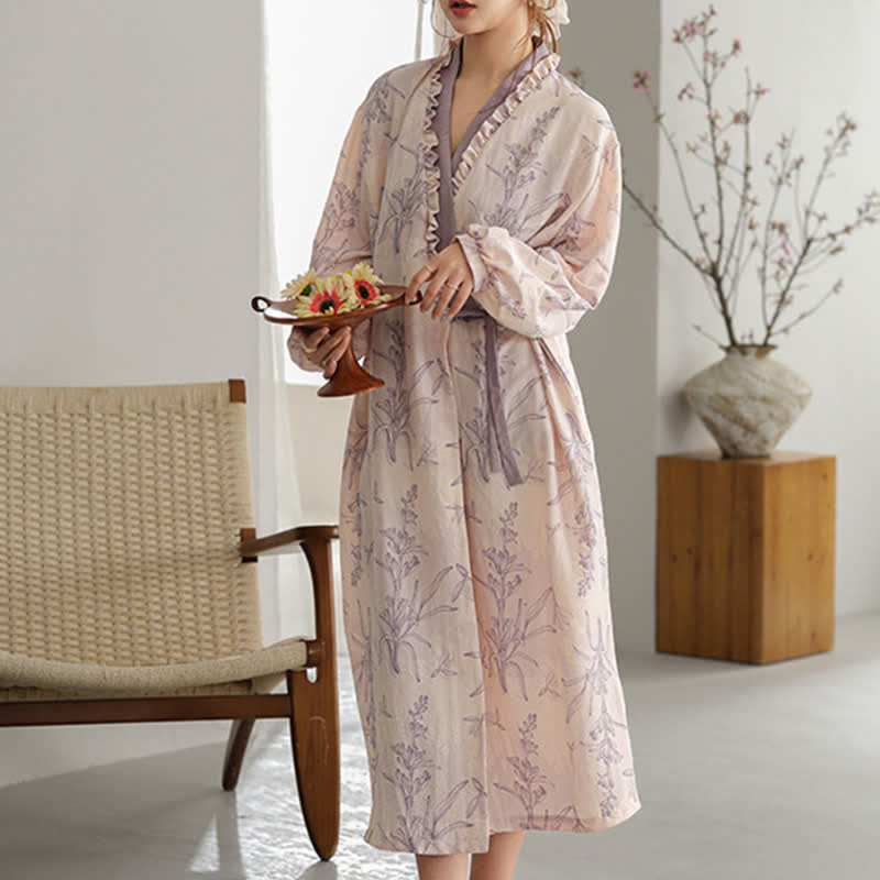 Kimono con volant floreali viola
