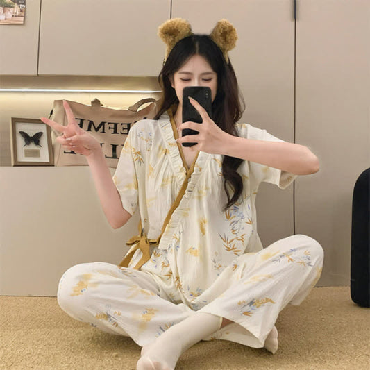 Completo da notte kimono con volant in foglie di bambù