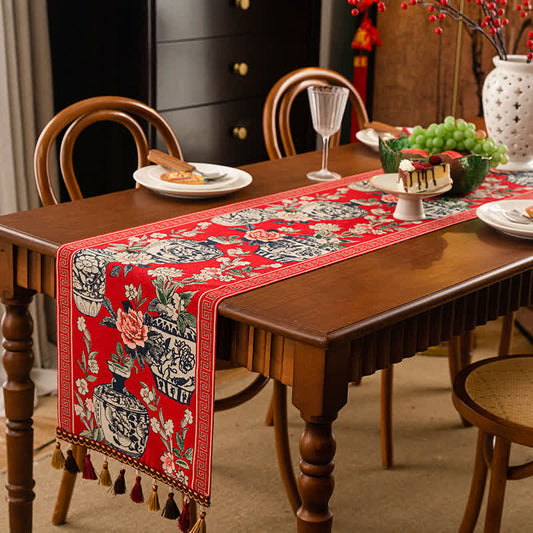 Runner da tavolo con nappa in vaso floreale jacquard
