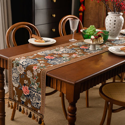 Runner da tavolo con nappa in vaso floreale jacquard
