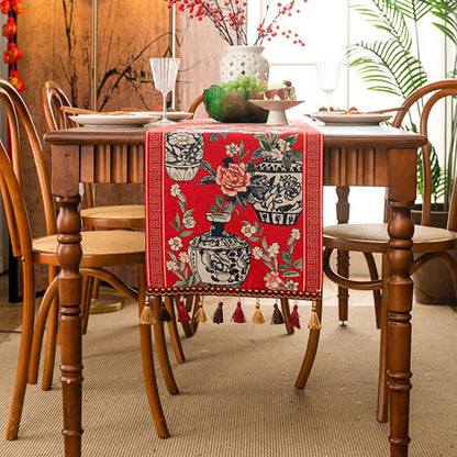 Runner da tavolo con nappa in vaso floreale jacquard