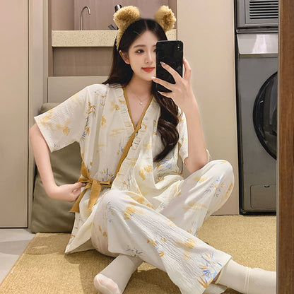 Completo da notte kimono con volant in foglie di bambù