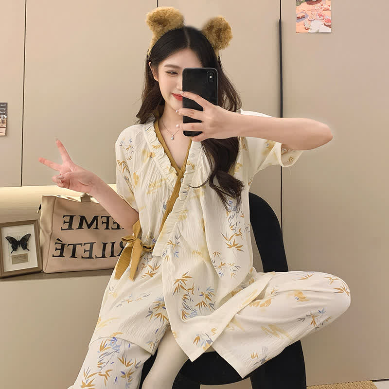 Completo da notte kimono con volant in foglie di bambù