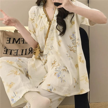Completo da notte kimono con volant in foglie di bambù