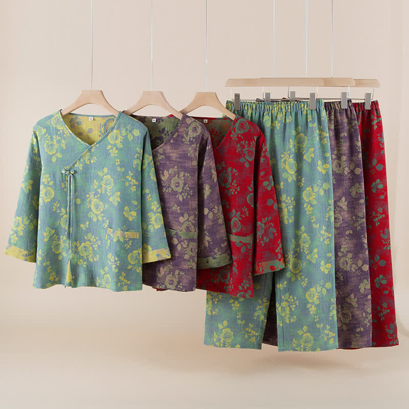 Completo da notte in garza di cotone jacquard rosa