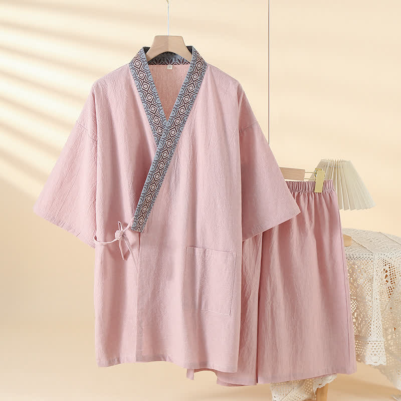 Pigiama Kimono Solido con Colletto Geometrico