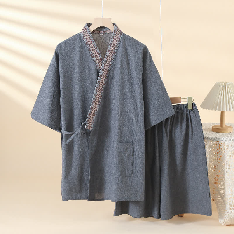 Pigiama Kimono Solido con Colletto Geometrico