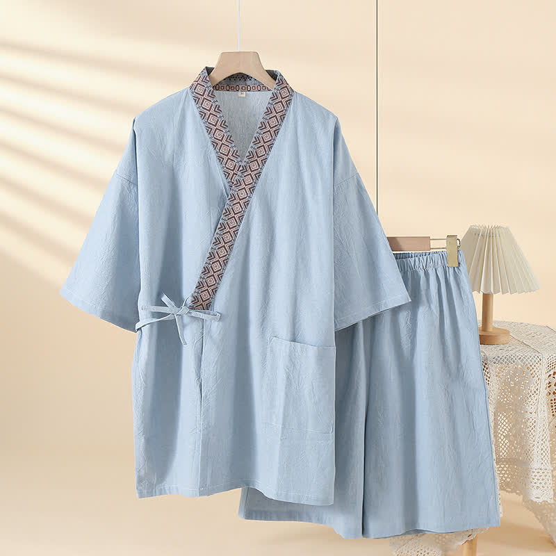 Pigiama Kimono Solido con Colletto Geometrico