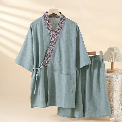 Pigiama Kimono Solido con Colletto Geometrico
