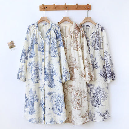 Camicia da notte in garza di cotone con stampa toile