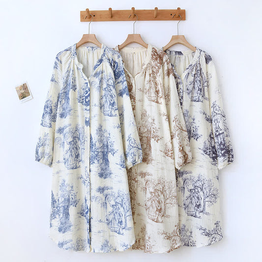 Camicia da notte in garza di cotone con stampa toile